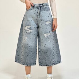 شلوار ایزی بگ زنانه فول نگین آبی پارچه ترک