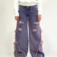 شلوار فول بگ صورتی بغل دمپا ریش زاپ دار