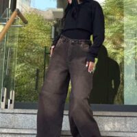 شلوار فول بگ زنانه قهوه ای جین ترک مدل کمر سگک دار