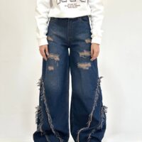 شلوار فول بگ سرمه ای زنانه بغل دمپا ریش زاپ دار